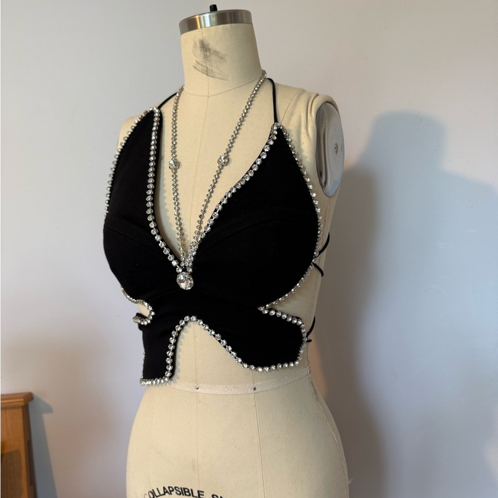 AREA NYC Crystal Black Butterfly Top Size Small